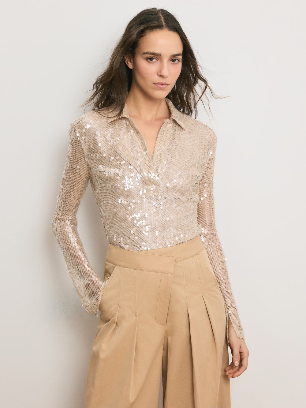Veronica Beard Meryl Sequin Blouse – Champagne | Collared Split-Neck Top